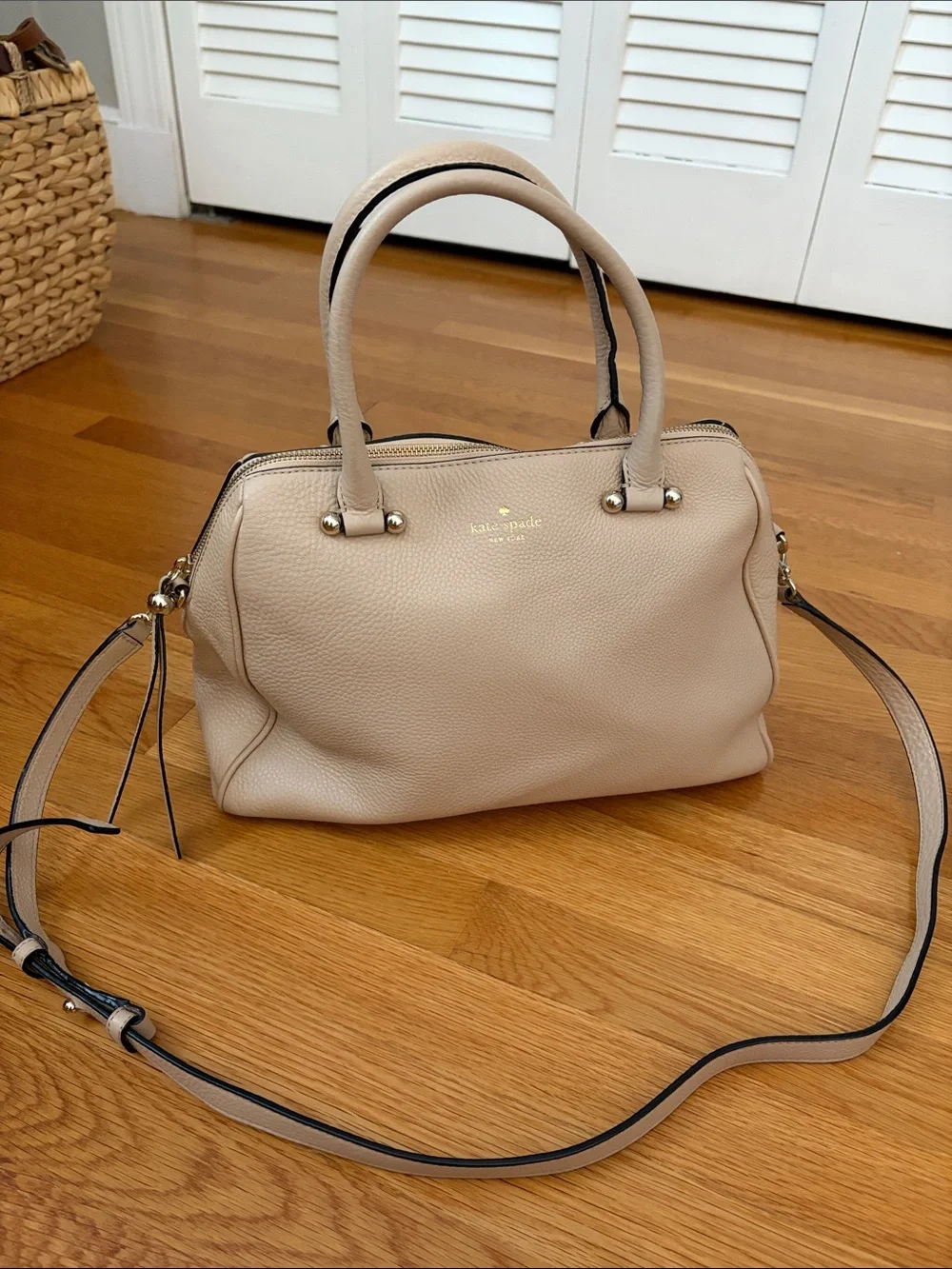 Kate Spade Beige Pebbled Leather Satchel with Crossbody Strap and Gold Hardware